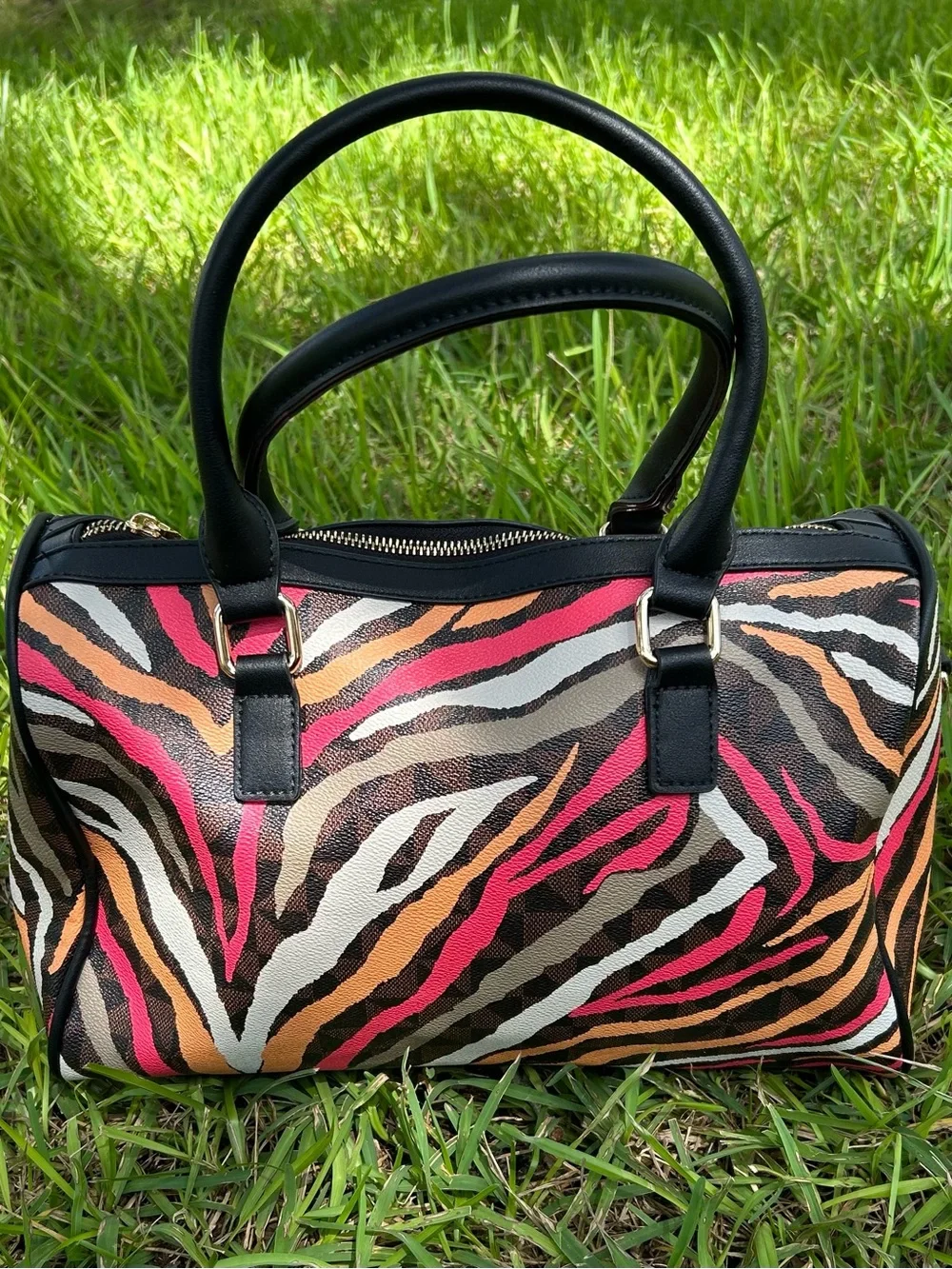 Black Handle Zebra-Print Satchel with Pink & Orange Accents